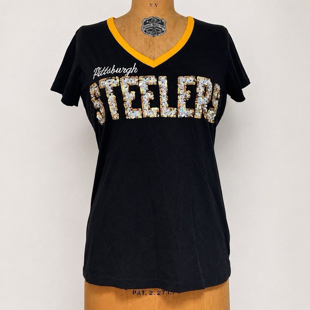 NFL Team Apparel Pittsburgh Steelers Sequin V Neck T Shirt Women’s Large Black
